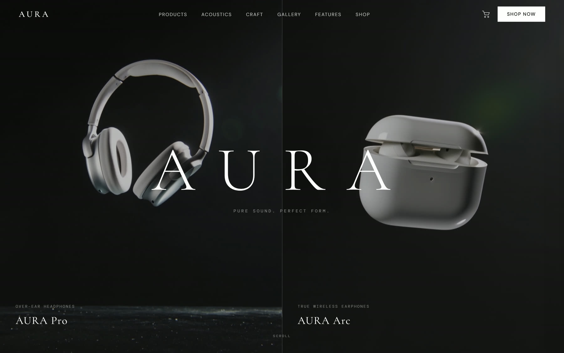Portada de AURA: dos auriculares sobre fondo negro y el nombre de la marca en grande.