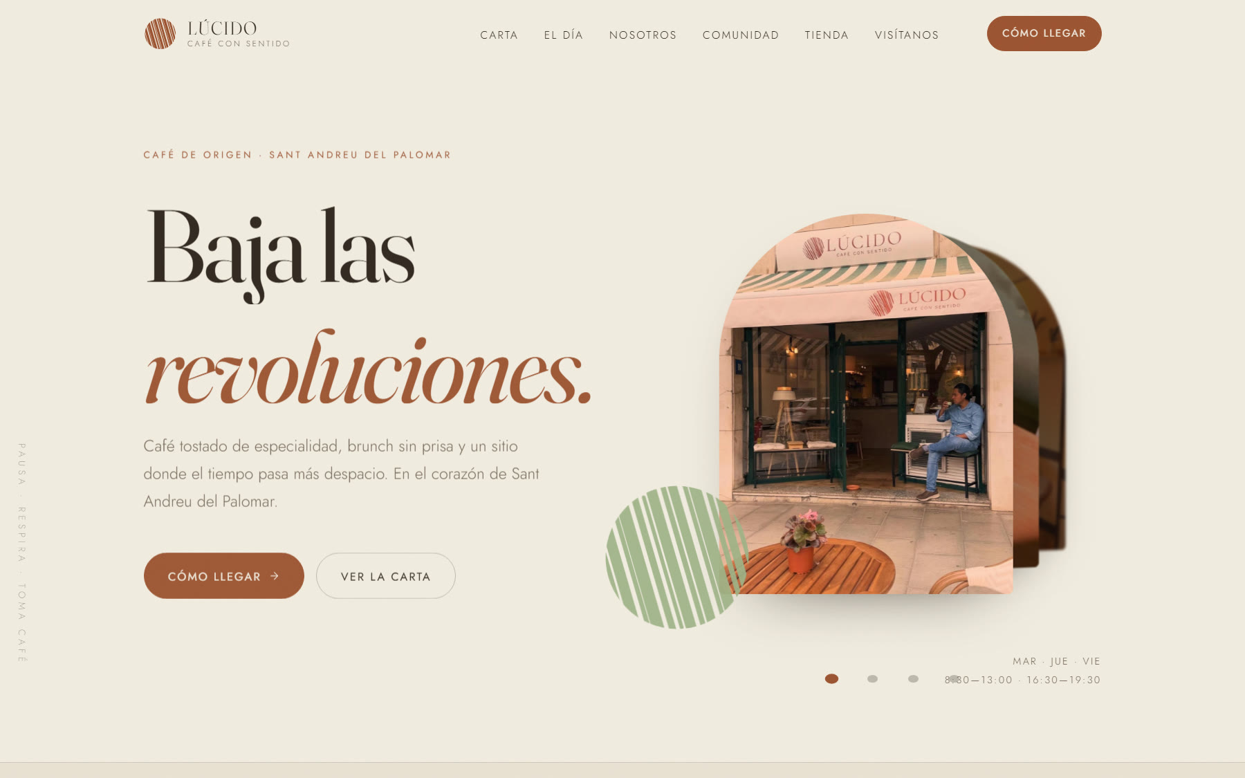 Portada de Lúcido Café: el titular «Baja las revoluciones» junto a la fachada del local.