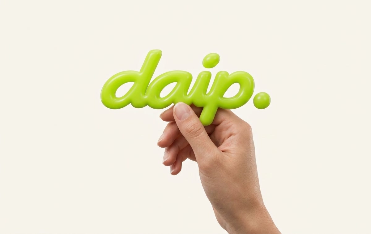 Una mano sostiene el logo de DAIP en 3D, de color lima, sobre un fondo claro.